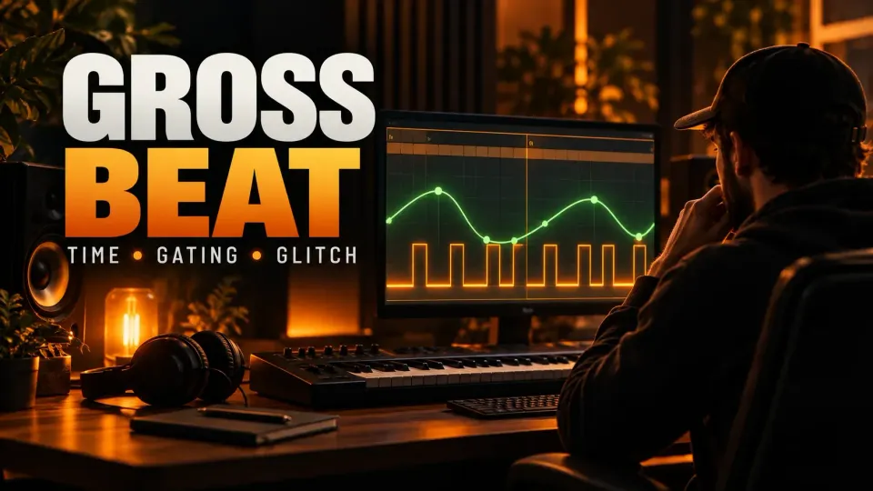 Dark music studio with a producer shaping a glowing time-and-volume curve under the title Gross Beat