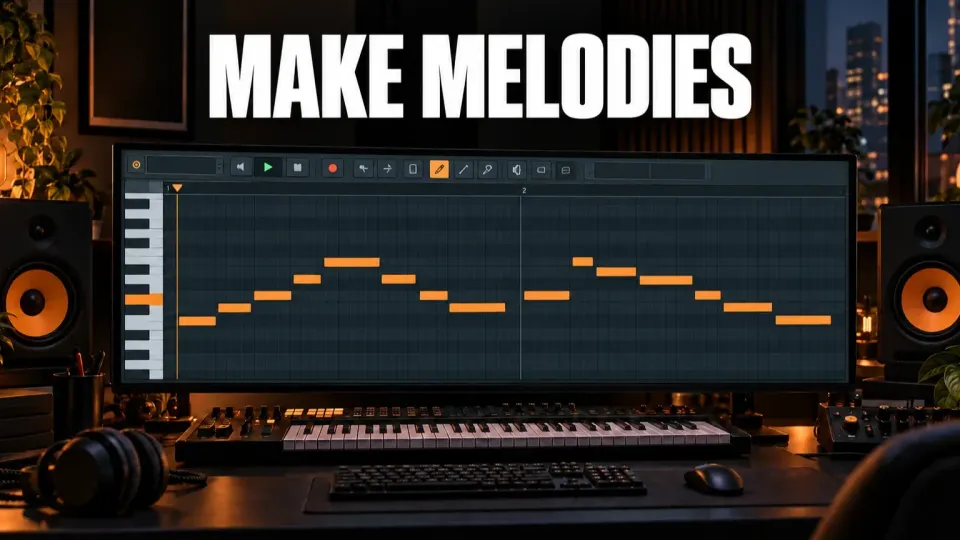 FL Studio Piano Roll melody workflow in a dark music production studio