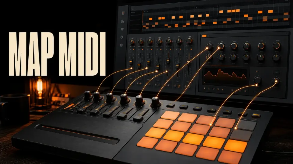 MIDI knobs, faders and orange pads connected to software controls in a dark studio setup