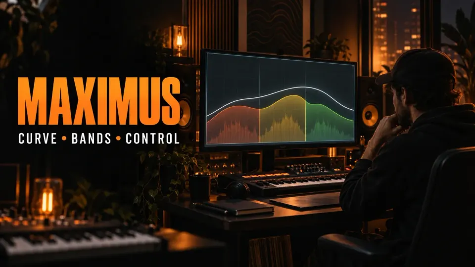 Producer studying Maximus band curves in a dark studio