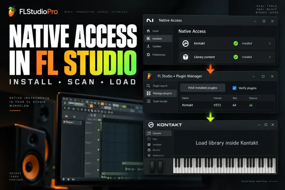 Native Access installation leading to a verified Kontakt scan and library loading in FL Studio
