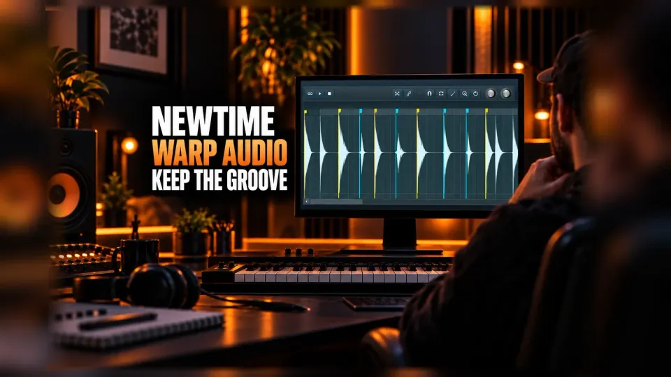 Producer warping audio in NewTime on a large studio monitor