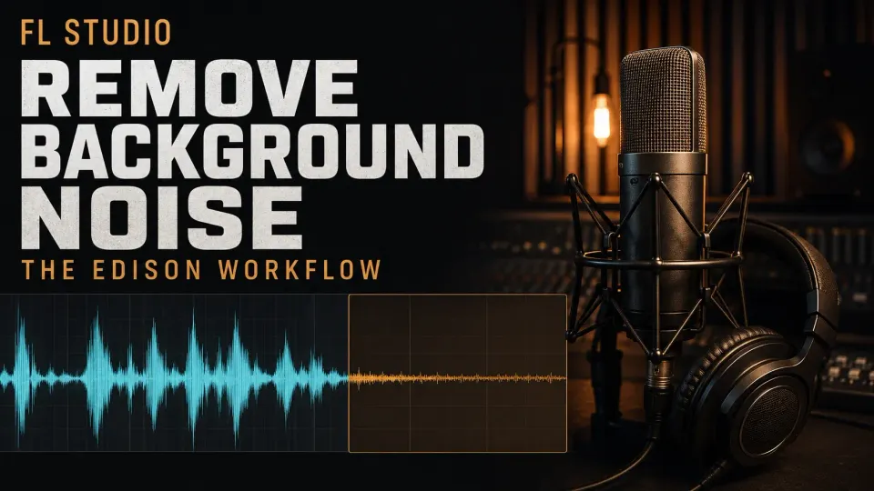 FL Studio background-noise removal with an Edison noise-profile selection, microphone and headphones