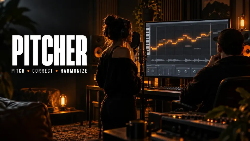 Dark music studio with a vocalist and producer studying a glowing pitch correction display under the title Pitcher