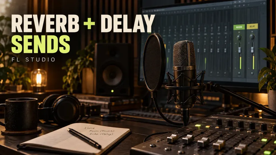Vocal microphone beside a studio mixer with separate Reverb and Delay returns