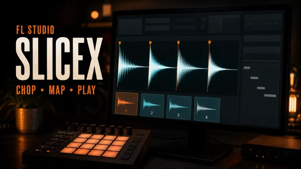 FL Studio Slicex sample chopping with four audio regions and a MIDI pad controller