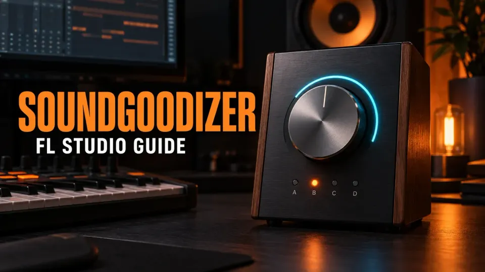 Soundgoodizer controls glowing beside a mixer in a dark orange music studio