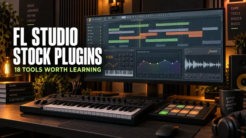 FL Studio stock instruments, EQ and sample-editing tools above a keyboard and drum pads