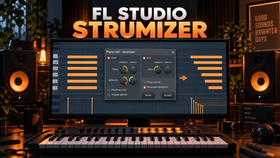 FL Studio Strumizer open above staggered chord notes in a dark production studio