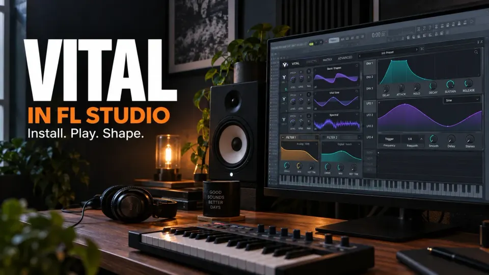 MIDI keyboard at a studio desk with Vital's wavetable and modulation panels on the monitor