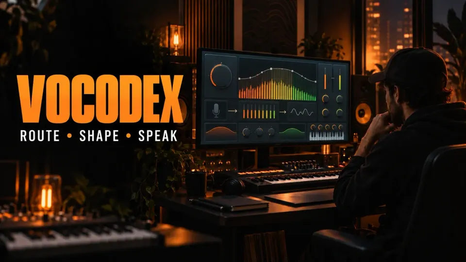FL Studio producer shaping a talking synth with Vocodex in a dark orange-lit studio