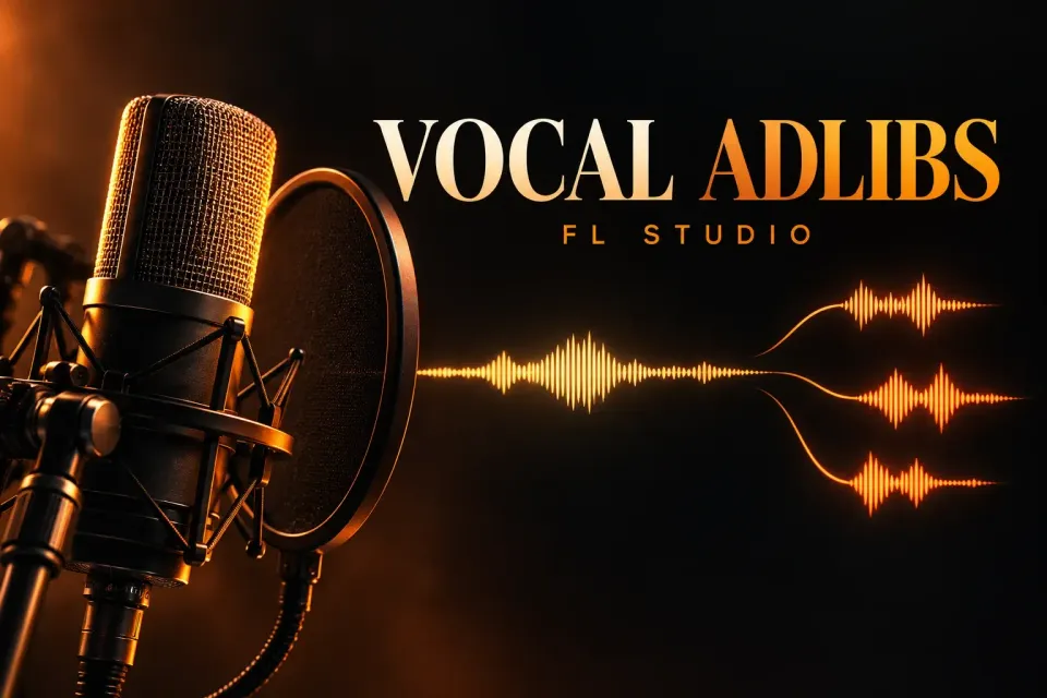 Studio microphone with orange vocal waveforms representing a lead phrase and short adlib responses
