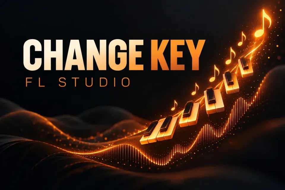 Change key in FL Studio with musical notes, piano keys and an orange pitch arc