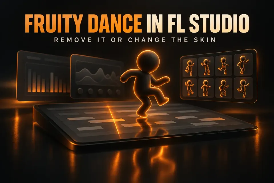 Cover titled Fruity Dance in FL Studio showing a glowing cartoon dancer on a dark note grid beside a strip of eight dance poses