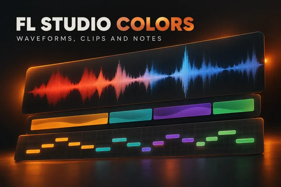Cover titled FL Studio Colors showing an audio waveform shaded from red lows to blue highs above rows of colored clips and piano roll notes