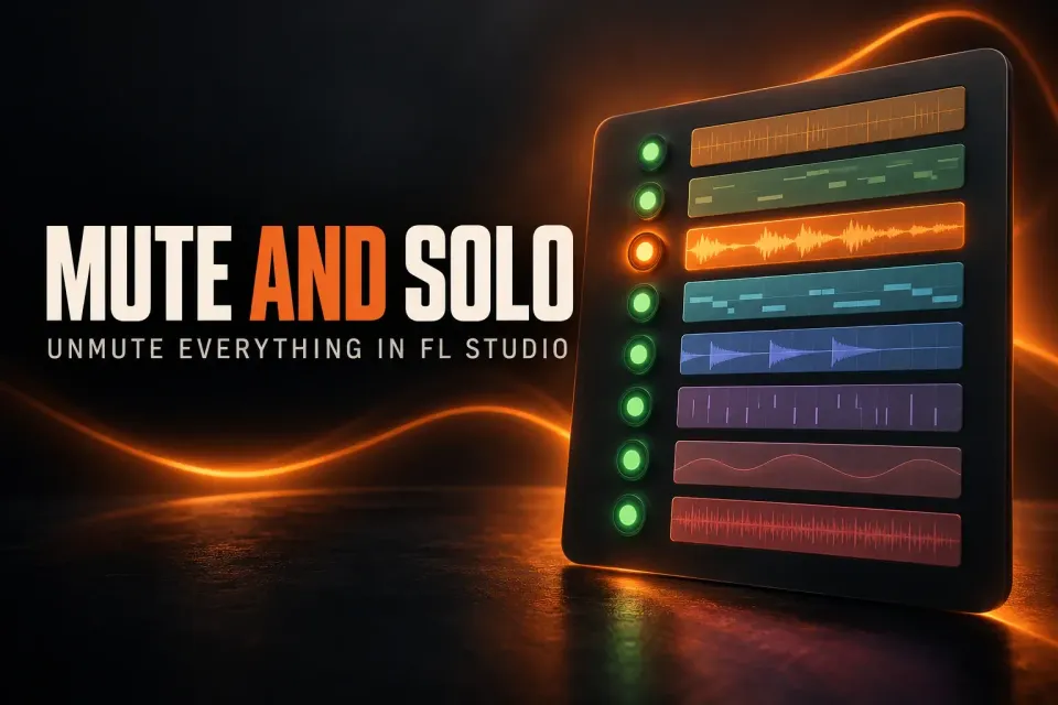 Cover titled Mute and Solo, Unmute everything in FL Studio, showing a column of track switch lights with one soloed in orange and the rest lighting back up
