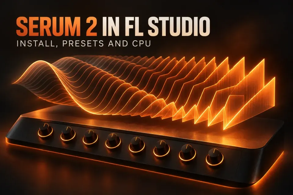 Cover titled Serum 2 in FL Studio, Install, presets and CPU, showing a glowing three-dimensional wavetable above a dark synth panel with a row of macro knobs