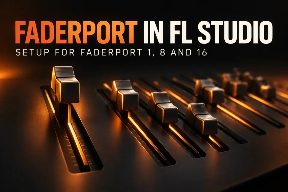 Cover titled FaderPort in FL Studio, Setup for FaderPort 1, 8 and 16, showing a row of motorized fader caps with amber light trails on a dark control surface