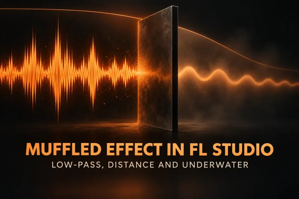 Cover titled Muffled Effect in FL Studio, Low-Pass, Distance and Underwater, showing a bright orange waveform passing through a dark wall and coming out smoother and dimmer