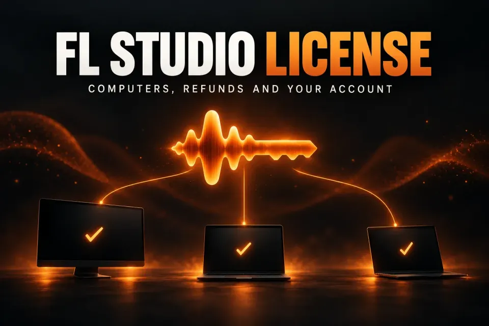 Cover titled FL Studio License, Computers, Refunds and Your Account, showing a glowing orange waveform-shaped key linked to a desktop monitor and two laptops, each marked with a check