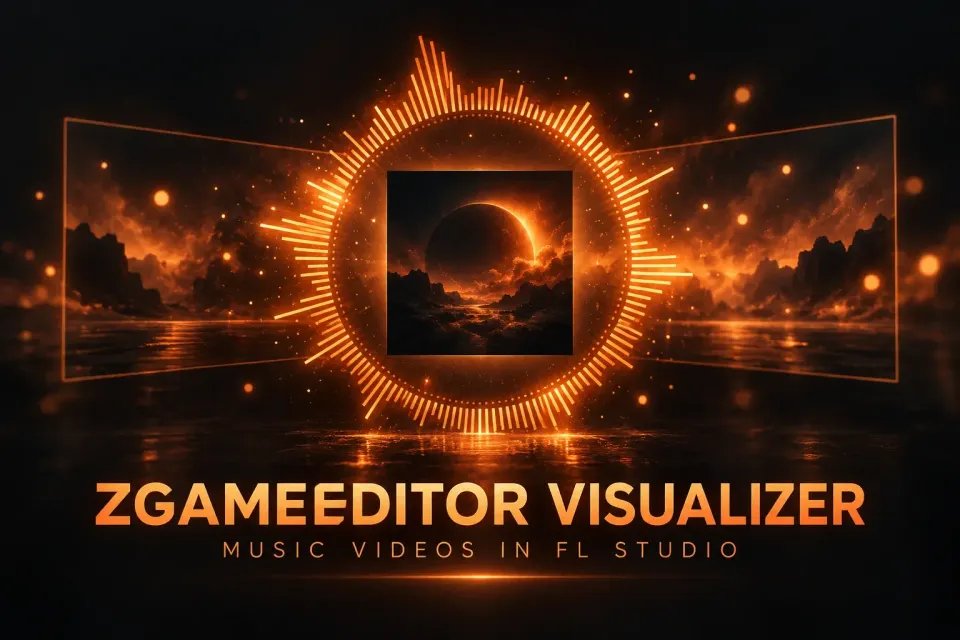 Cover titled ZGameEditor Visualizer, Music Videos in FL Studio, showing a glowing orange circular audio spectrum around square album art between two widescreen video frames