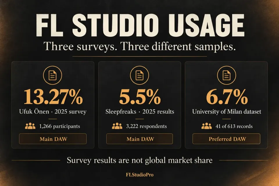 FL Studio survey results: 13.27% in the Önen 2025 poll, 5.5% in Sleepfreaks 2025 and 6.7% preferred in the Milan dataset.