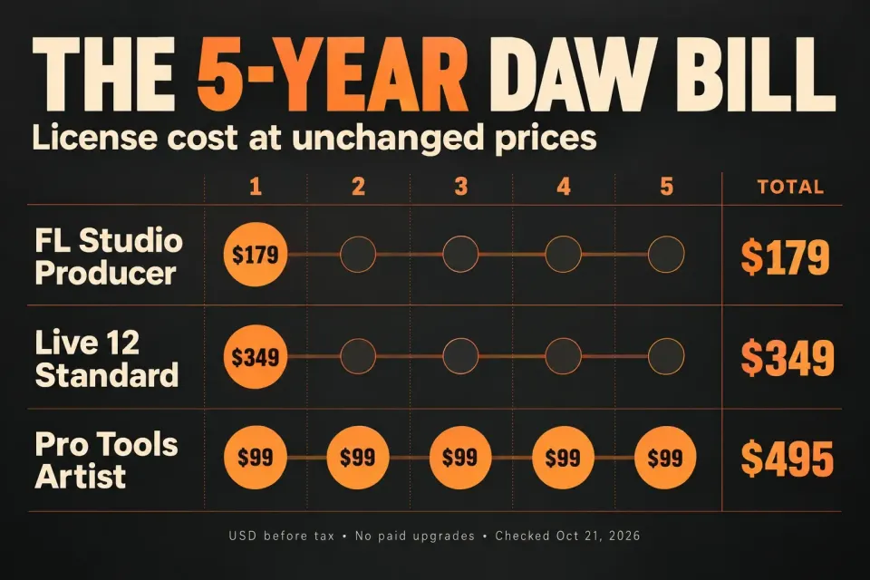 Five-year license spending at unchanged prices: FL Studio Producer $179, Live 12 Standard $349 and Pro Tools Artist $495, before tax and with no paid upgrades.