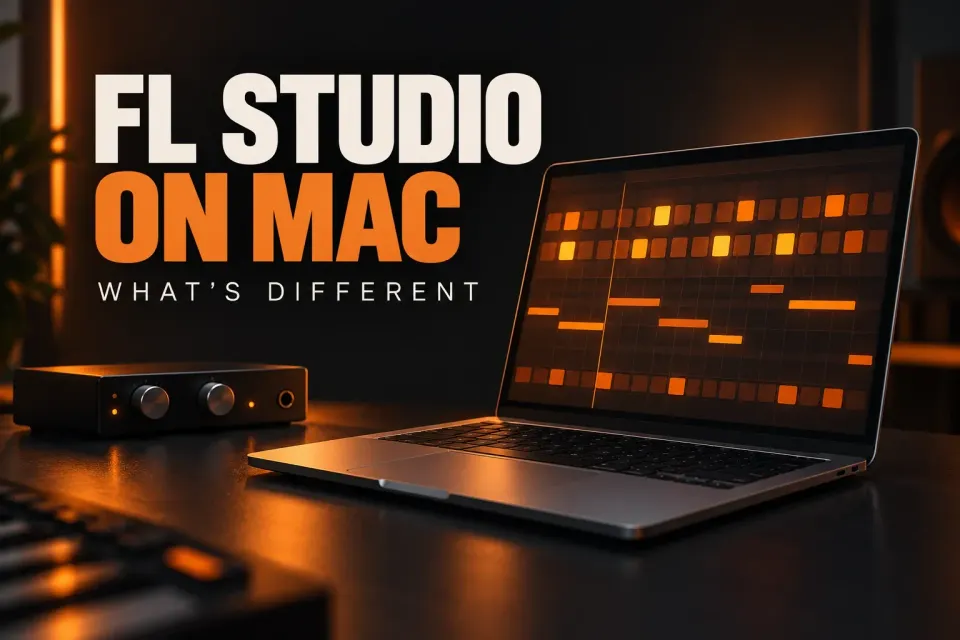Laptop on a dark studio desk showing an orange step-sequencer grid, next to a small audio interface