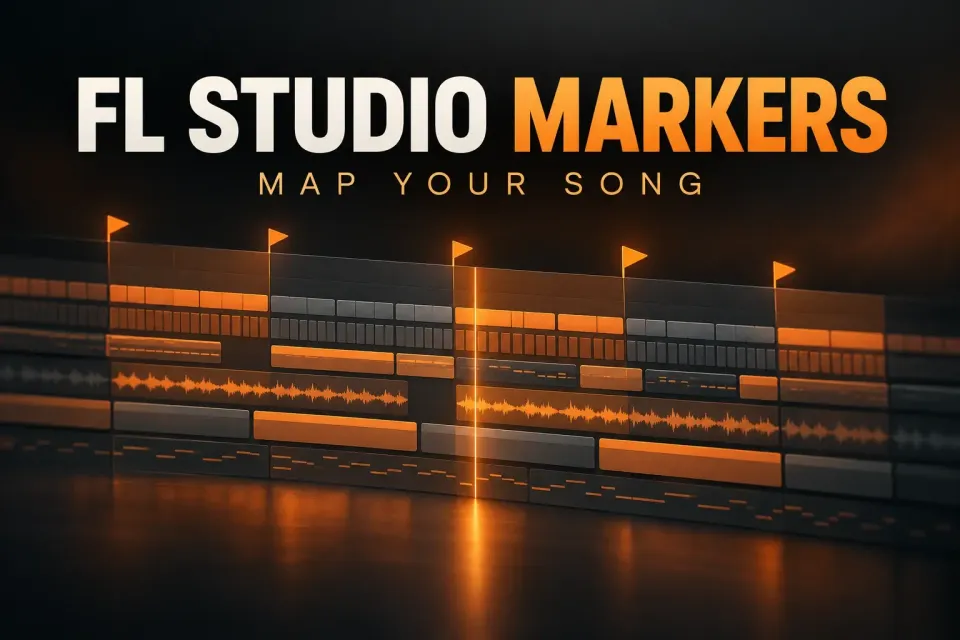 Dark arrangement timeline with orange marker flags along the top and shaded regions between them