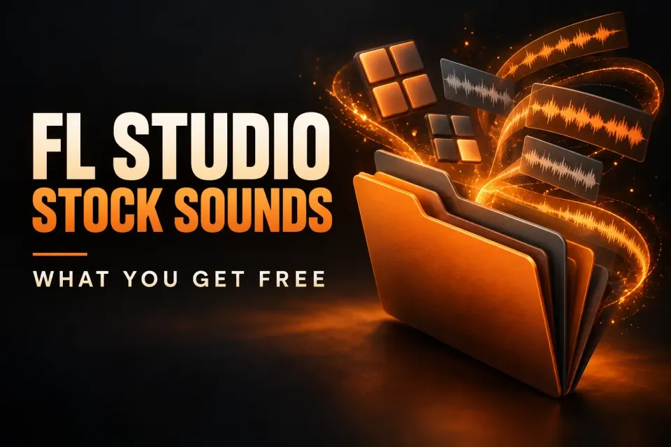 Open orange folder on a dark background with drum pads and glowing waveform strips rising out of it