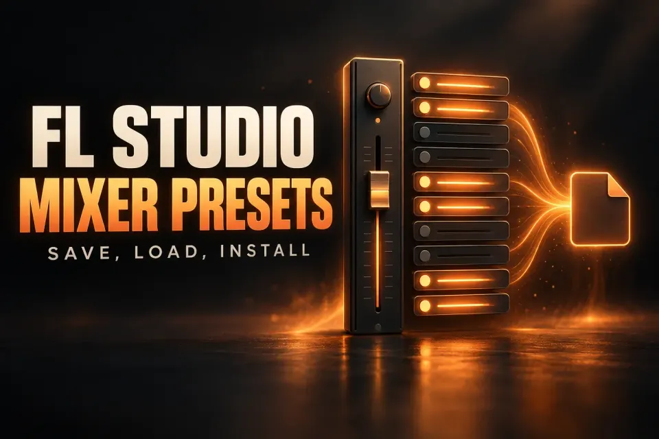 Dark mixer channel strip with a row of ten effect slots whose glowing lines flow into a single orange preset file