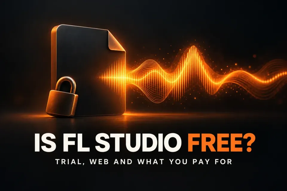 Cover titled Is FL Studio Free? showing a locked project file beside a glowing exported waveform