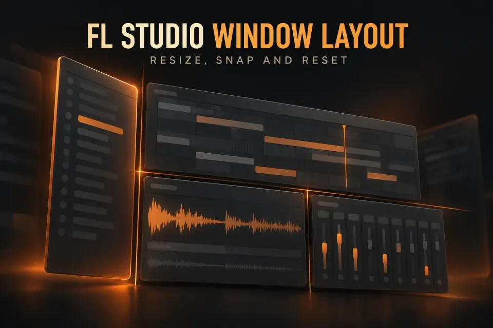 Cover titled FL Studio Window Layout showing dark software panels snapping into a tidy arrangement