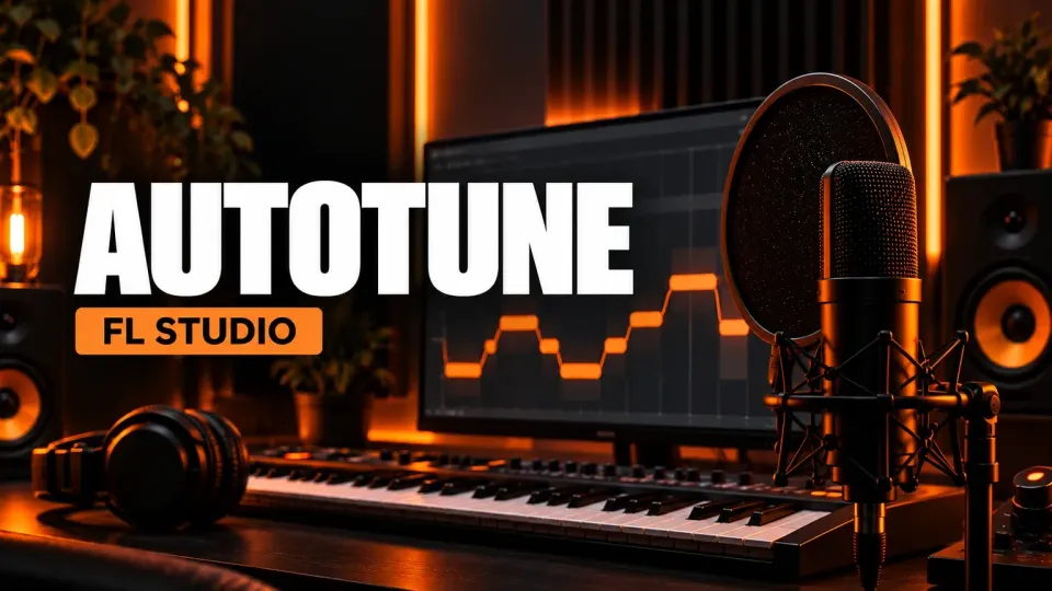 FL Studio autotune guide with an orange pitch line on a studio monitor and a vocal microphone