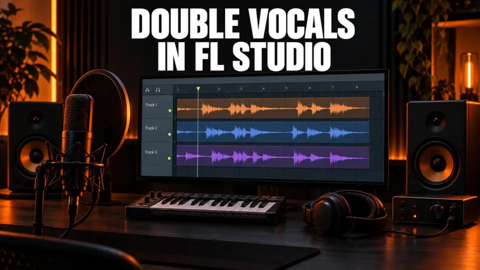 FL Studio vocal doubling guide with a studio microphone and three separate vocal takes on the monitor