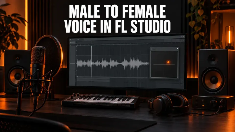 Dark home studio with a condenser microphone, a monitor showing a vocal waveform and an X/Y pad, and the headline Male to Female Voice in FL Studio