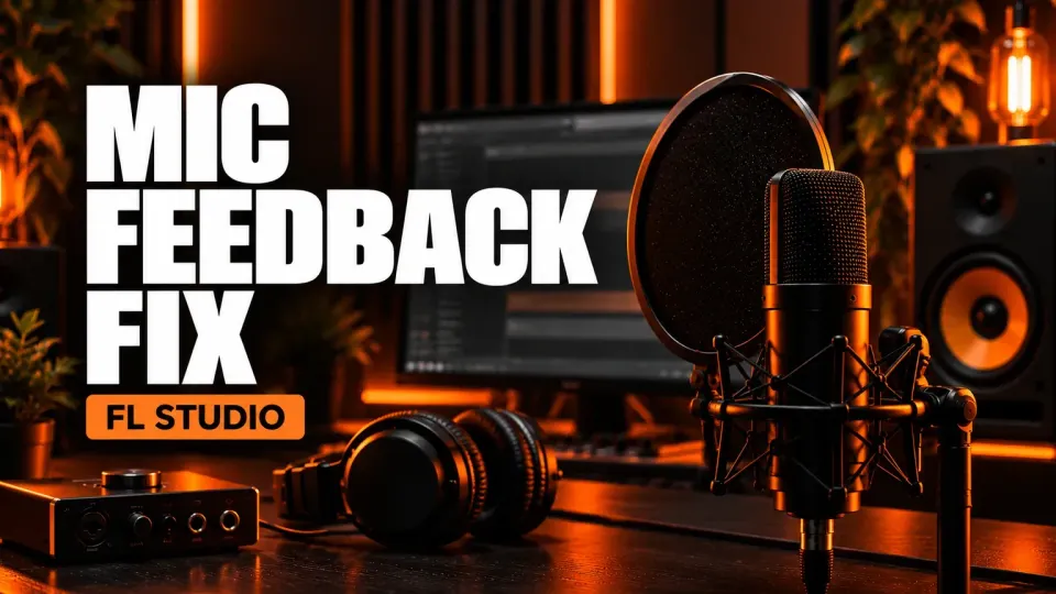 Microphone, studio monitor, headphones and audio interface with MIC FEEDBACK FIX title