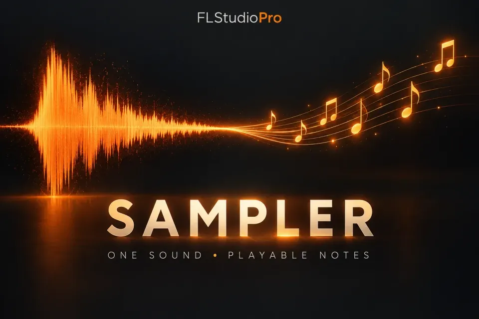 Orange sample waveform becoming musical notes on a dark background