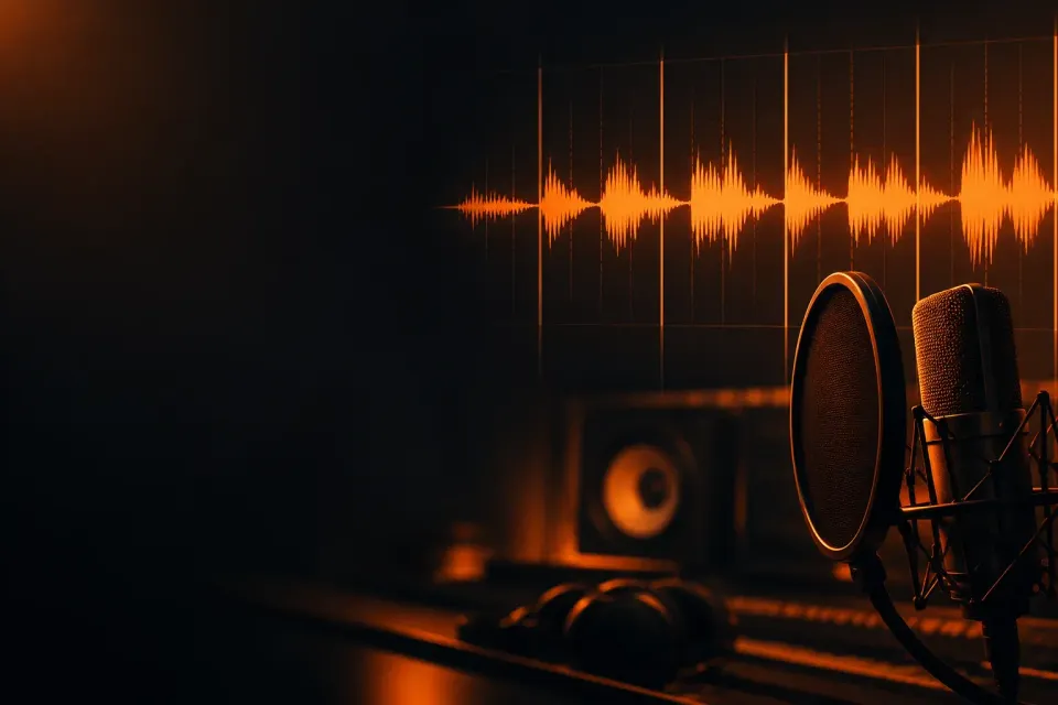 Recognize the vocal-sync topic through a dark waveform and studio microphone aligned to a beat grid.