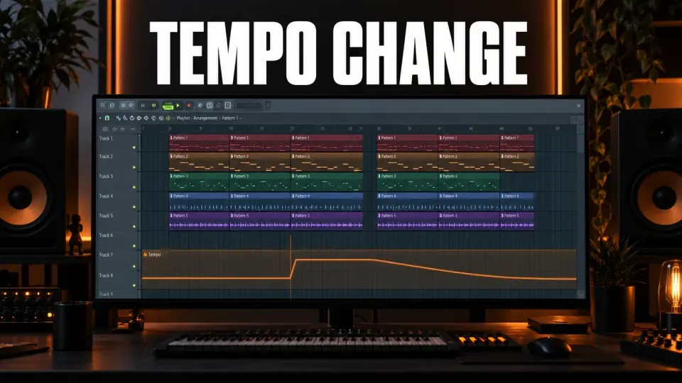 FL Studio Playlist with a Tempo automation clip that steps up and ramps down, on a monitor in a dark music studio
