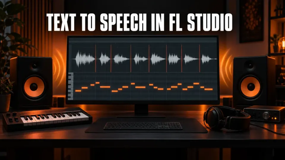 Dark home studio desk with a monitor showing a spoken phrase split into word slices by red lines above orange Piano roll notes, under the headline Text to Speech in FL Studio