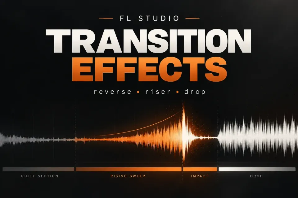 Orange waveform rising into an impact and clean drop for FL Studio transition effects