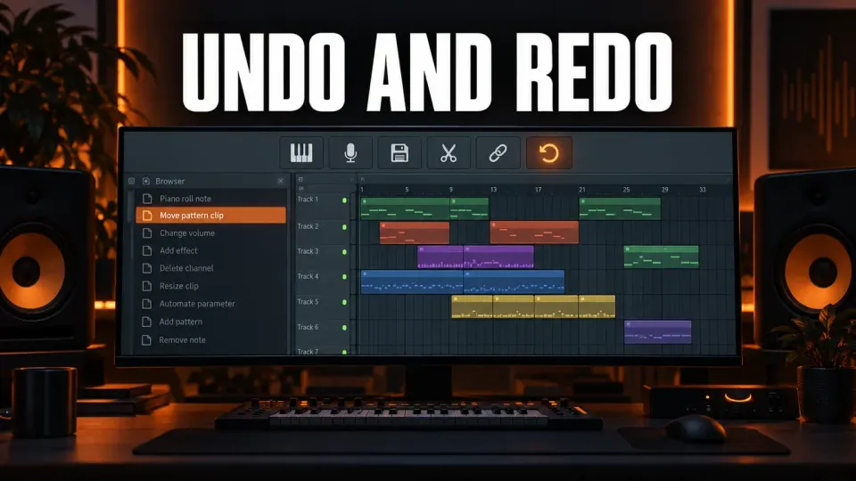 FL Studio Browser undo History list and Playlist on a monitor in a dark music studio, with the toolbar Undo button highlighted