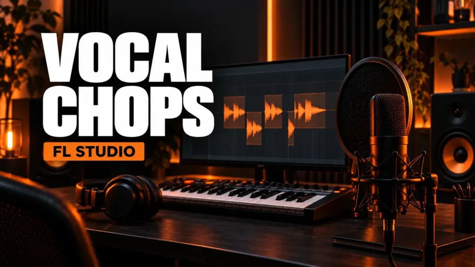 FL Studio vocal chops guide with orange vocal fragments on a studio monitor and a microphone