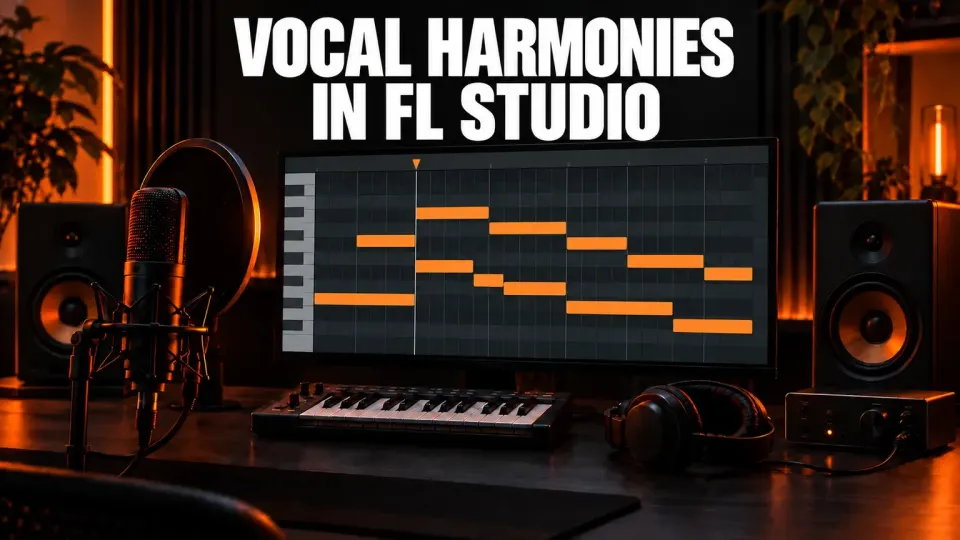 FL Studio vocal harmonies guide with a studio microphone and orange MIDI harmony notes on the monitor