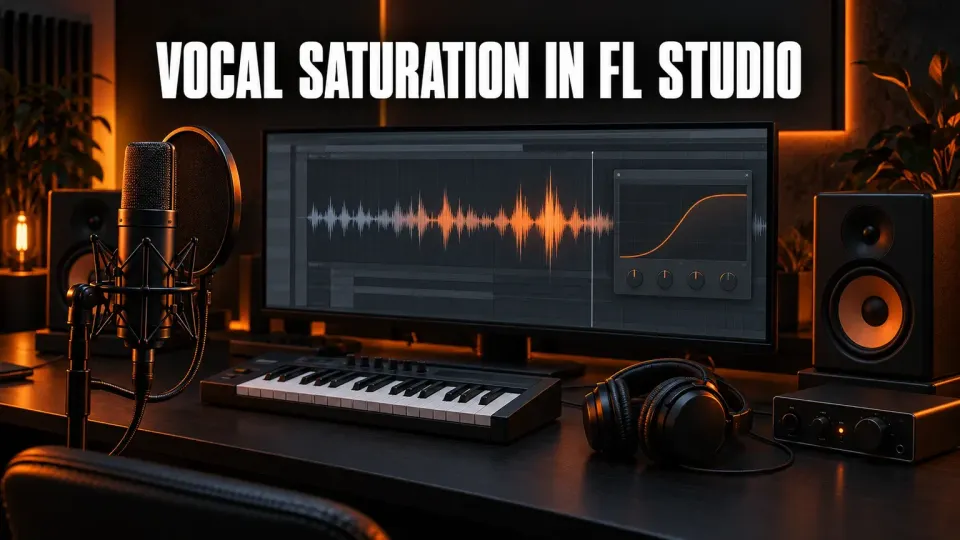 Dark home studio with a condenser microphone, a monitor showing a vocal waveform with a soft saturation curve, and the headline Vocal Saturation in FL Studio