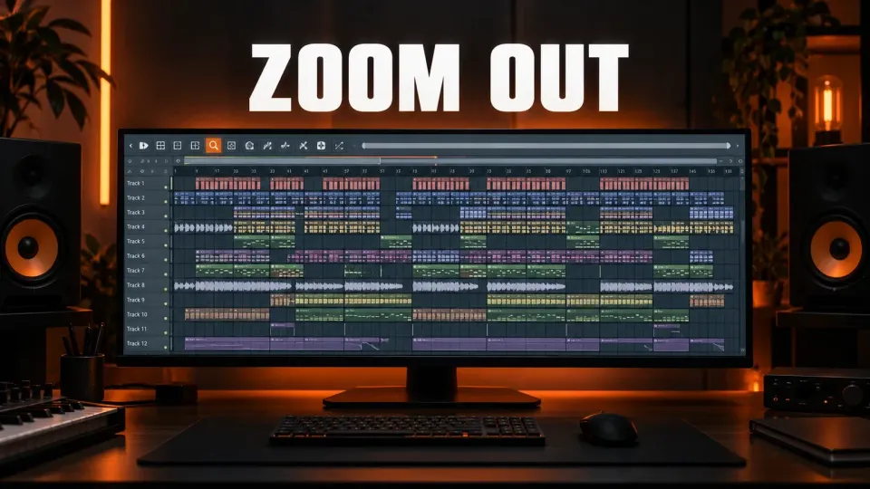 FL Studio Playlist zoomed all the way out to show a whole arrangement on an ultrawide monitor in a dark music studio, with the magnifier Zoom tool highlighted