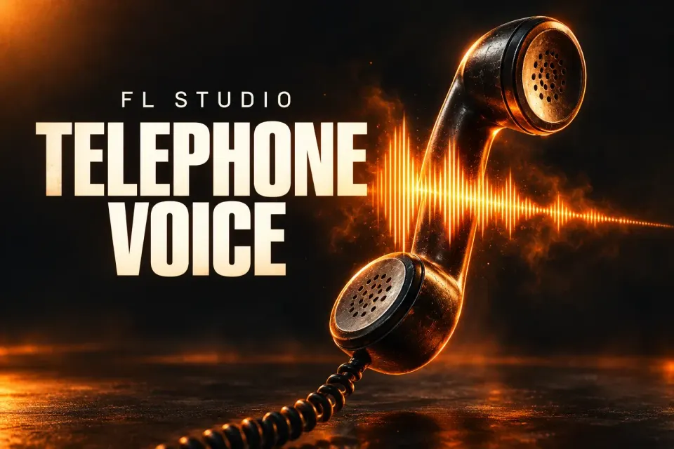 Vintage telephone handset with an orange vocal waveform and Telephone Voice title