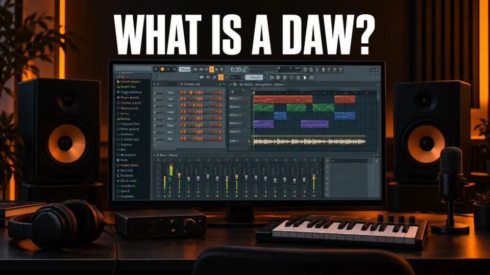 FL Studio on a monitor in a dark home studio showing the Browser, Channel rack, Playlist and Mixer, with studio monitors, headphones, an audio interface, a MIDI keyboard and a microphone