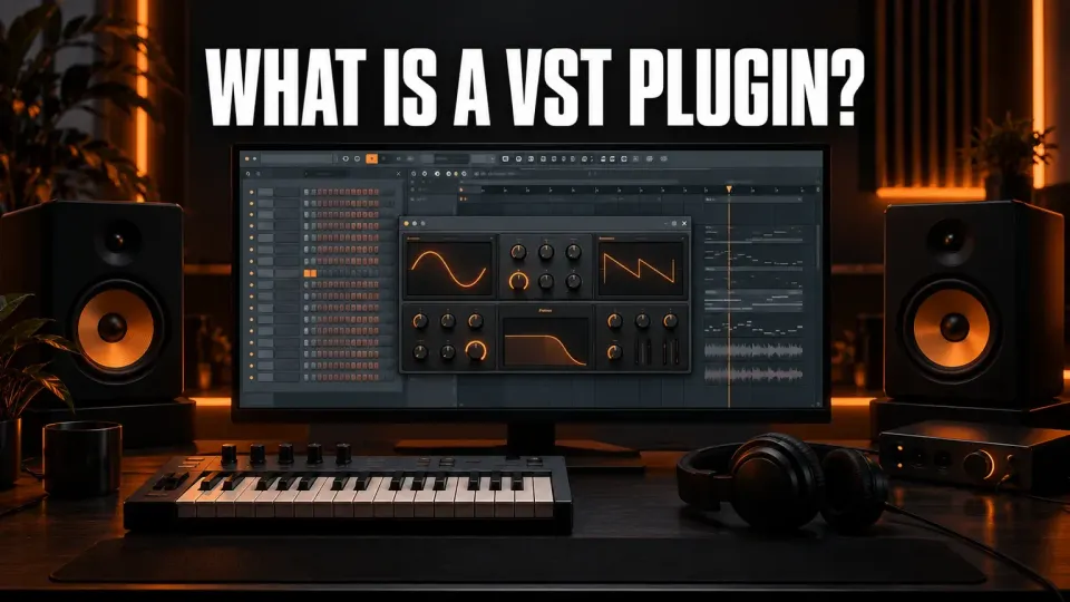 FL Studio with the Channel rack and a floating synth plugin window on a monitor in a dark home studio, under the headline What Is a VST Plugin?, with studio monitors and a MIDI keyboard